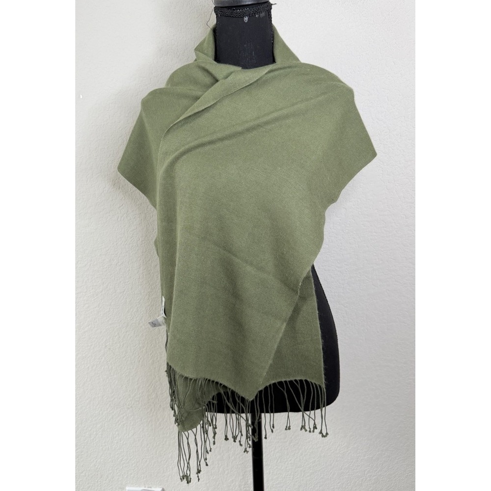 William Welstead London Cashmere Silk Scarf Shawl Green Fringe Wrap 12.5"x70"